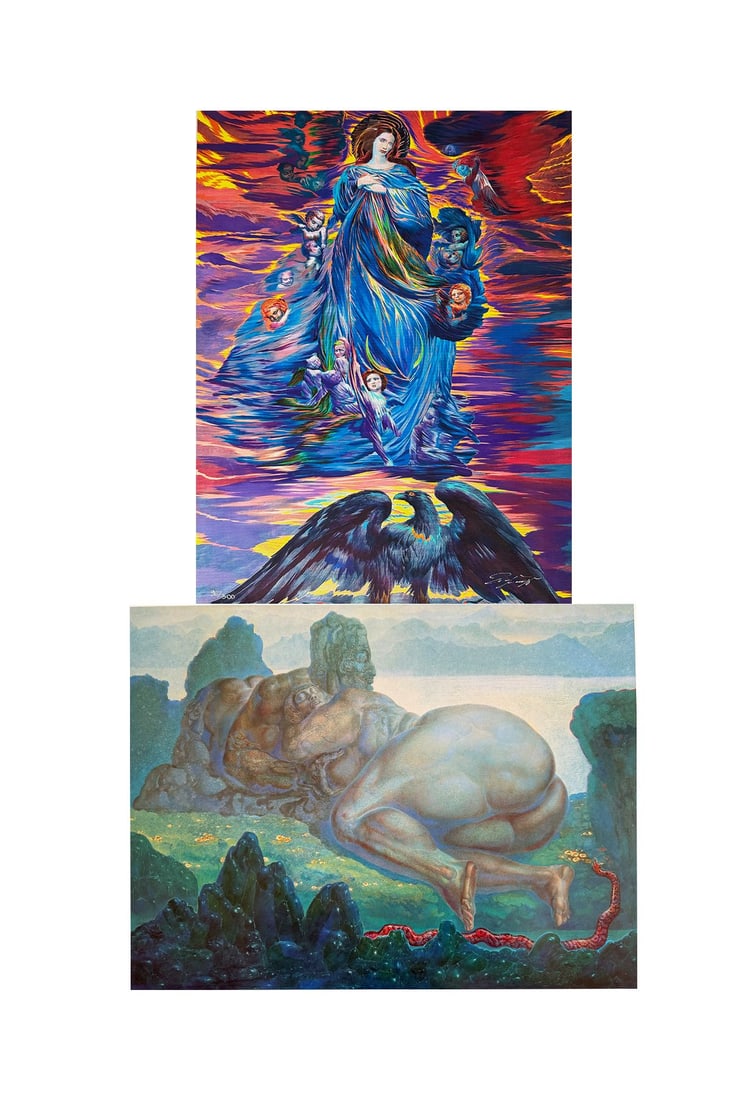 2 prints by Ernst Fuchs: Nude in a Landscape: 2 prints by Ernst Fuchs: *Nude in a Landscape with a Red Snake*, hand-signed, image size 39 x 52 cm; *Madonna with an Eagle*, 67 x 53 cm, framed 72 x 58 cm 2 x Drucke von Ernst Fuchs, Akt in