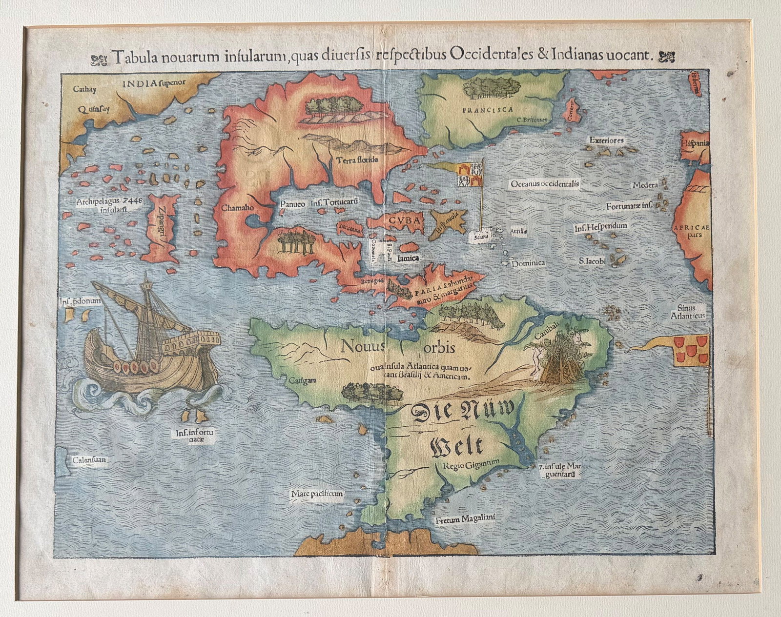 “Die Nüw Welt” (The New World), Tabula novarum insula: “Die Nüw Welt” (The New World), Tabula novarum insularum, quas diversis respectibus Occidentales & Indianas vocant, from the edition by Sebastian Münster (1388–1552), a