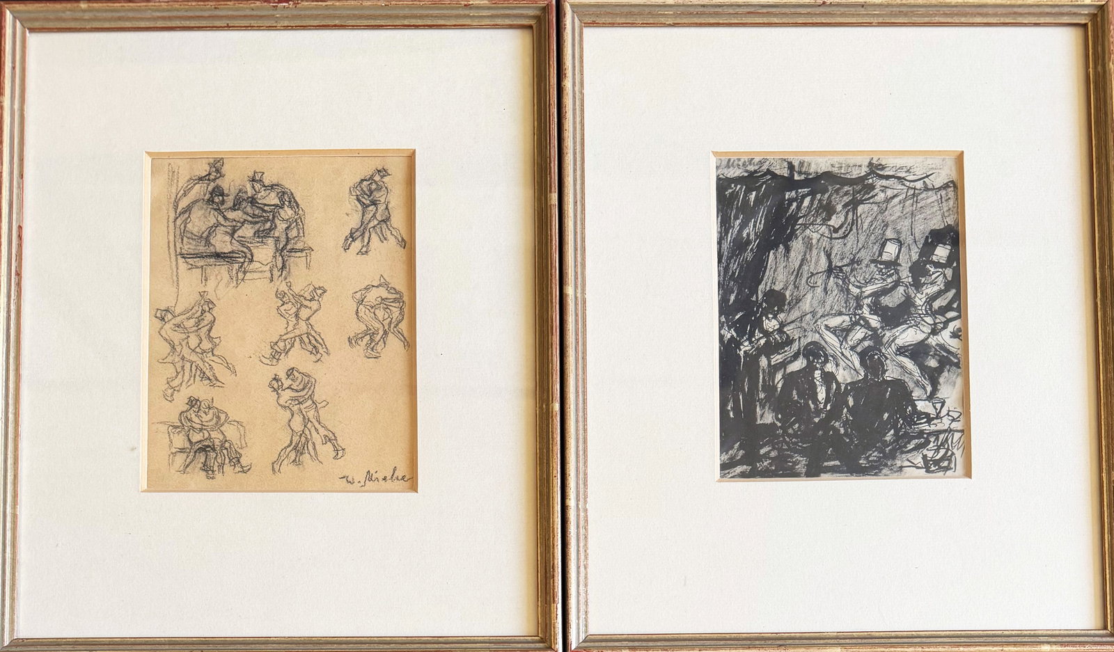 Walter MIEHE (1883–1972), 2 drawings:: Walter MIEHE (1883–1972), 2 drawings: Various studies of movement depicting fighting and dancing couples, as well as a tavern scene, signed, graphite on paper; Cabaret performance with an