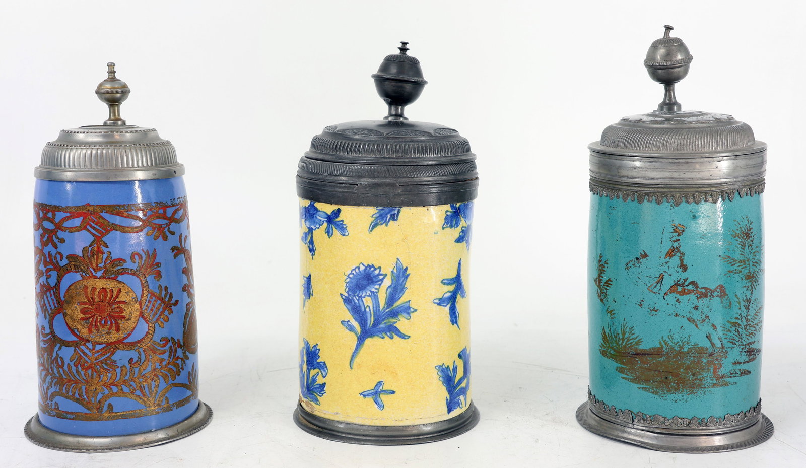 3 cylindrical jugs, faience, also from Schrezheim, - 4