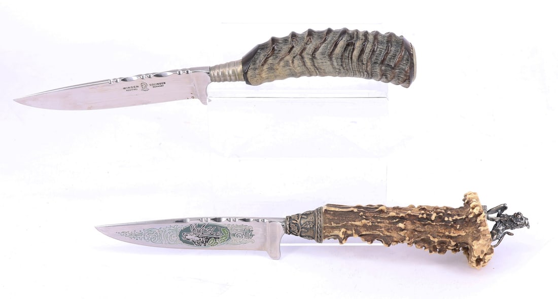 Set of hunting knives: 1 x hunting knife, Anton Wingen Solingen, ibex horn handle, leather sheath, - 5