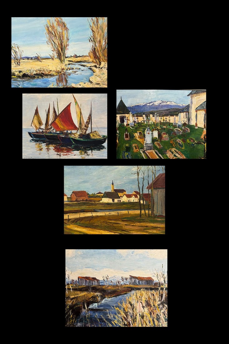3 x Anton LAMPRECHT, 5 paintings, various periods: Anton LAMPRECHT, estate sale, 5 paintings, various periods, all oil on canvas, all signed: 1 x Dachau Moor, 67 x 92 cm (framed 76 x 99 cm); 1 x Cemetery in a Mountain Village, 70 x 91 cm (framed 81 x