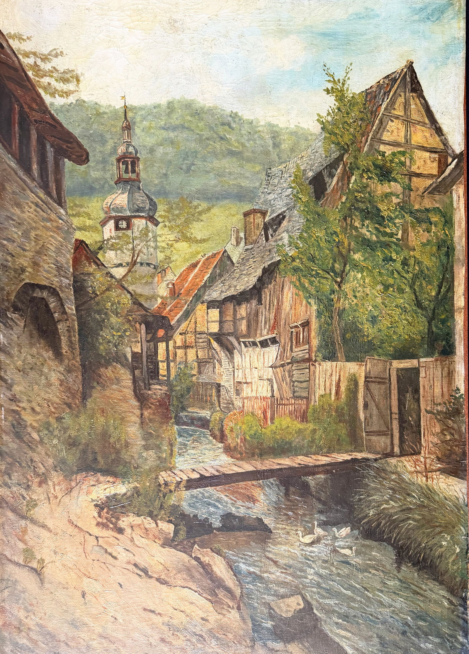 Unknown artist, River in a Village: Unknown artist, River in a Village with Various Buildings, signed illegibly “C. Hermelsbrecht” and dated 1929, oil on painting board, 99 x 69 cm, unframed Unbekannter Künstler, Fluss