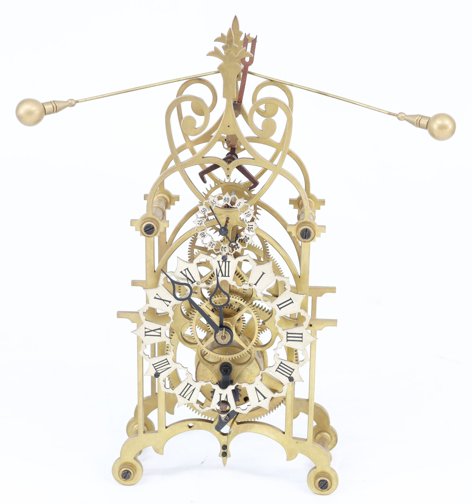 Three skeleton clocks with a tower-like design, brass - 2