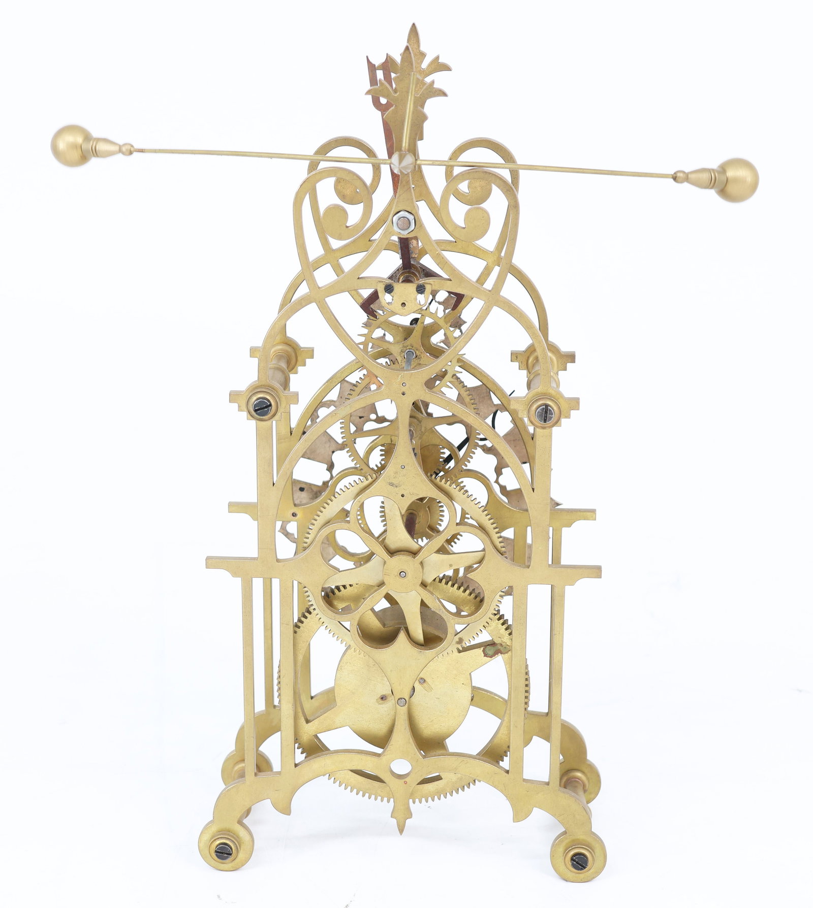 Three skeleton clocks with a tower-like design, brass - 6