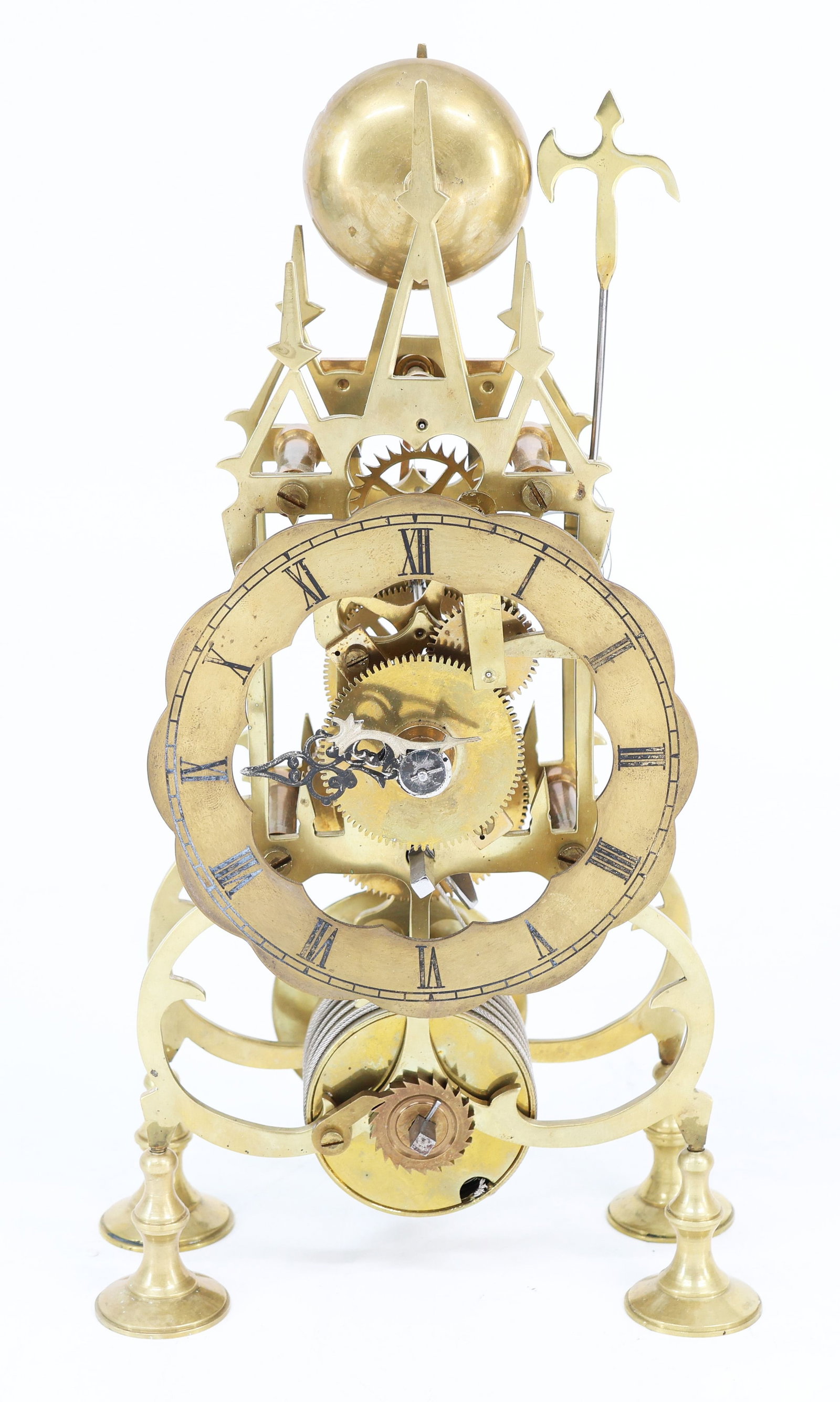 Three skeleton clocks with a tower-like design, brass - 7