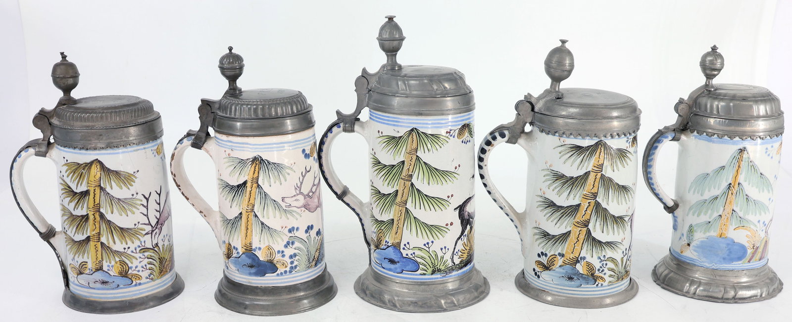 5 faience jugs, Bayreuth, featuring a stag - 3