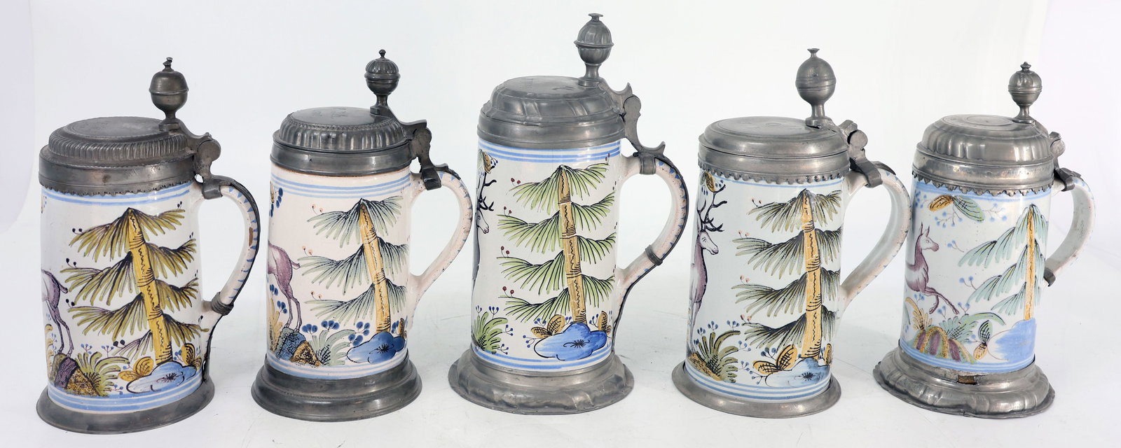 5 faience jugs, Bayreuth, featuring a stag - 5