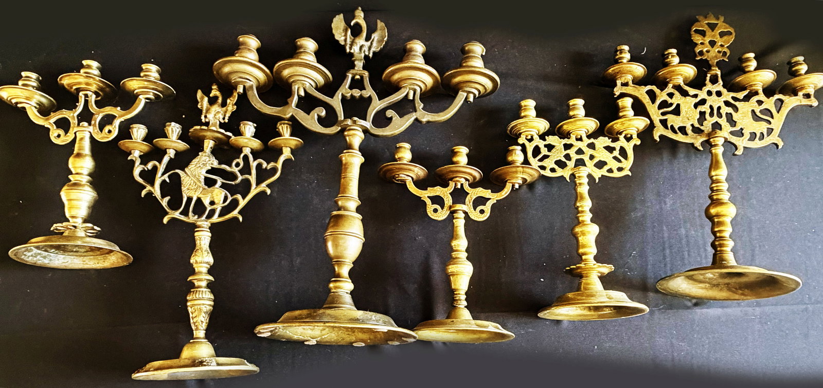 7 altar candlesticks or castle candlesticks, brass, - 5