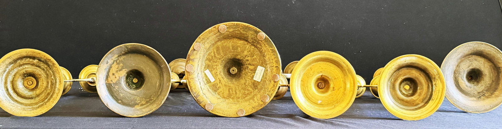 7 altar candlesticks or castle candlesticks, brass, - 6