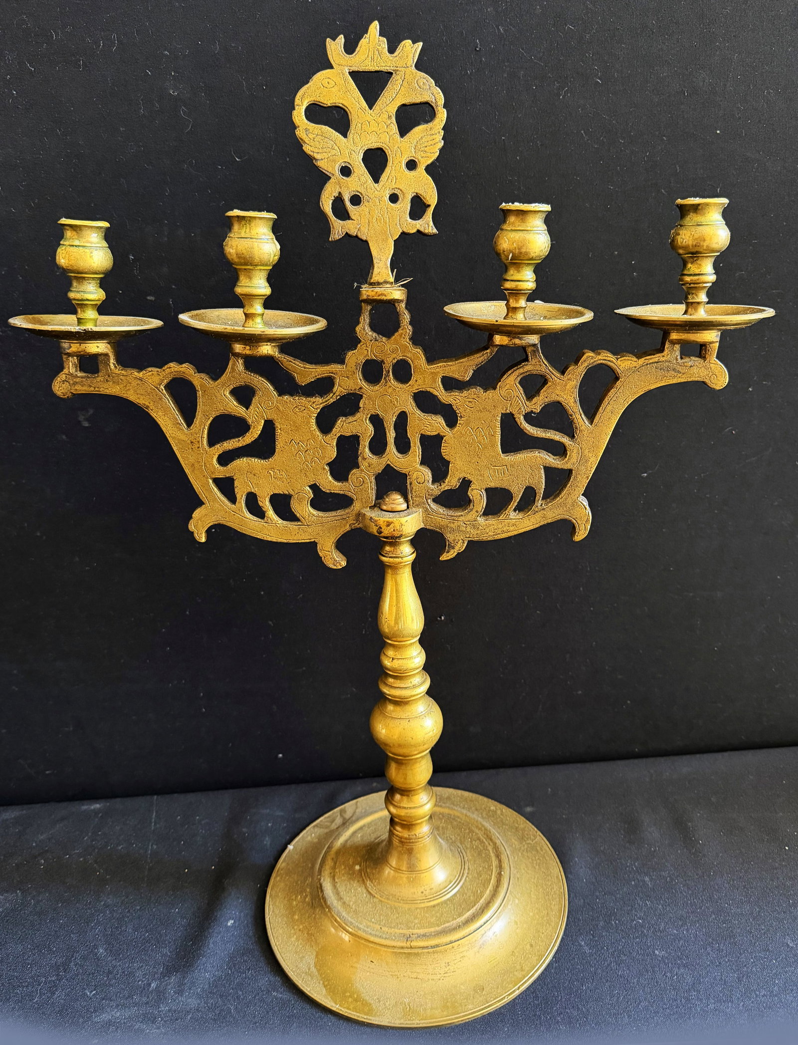 7 altar candlesticks or castle candlesticks, brass, - 7