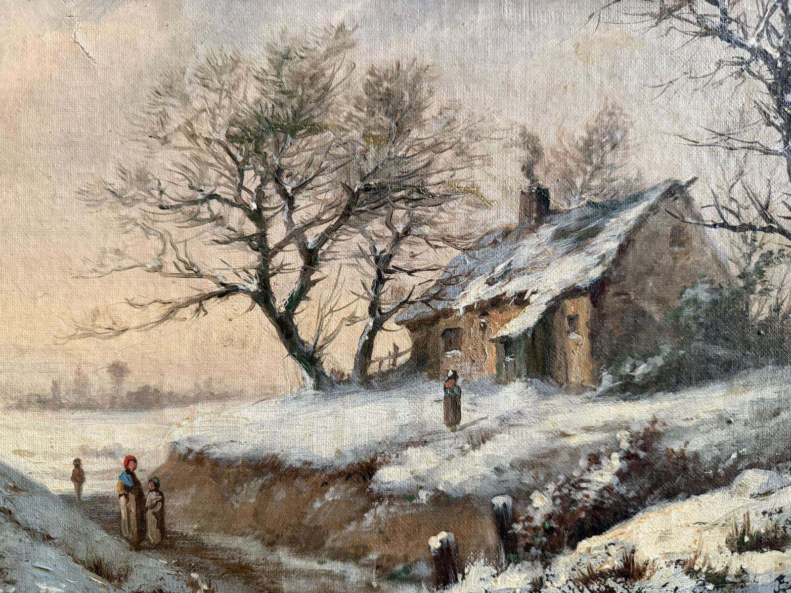 Unknown artist, snowy landscape with house and figure - 5