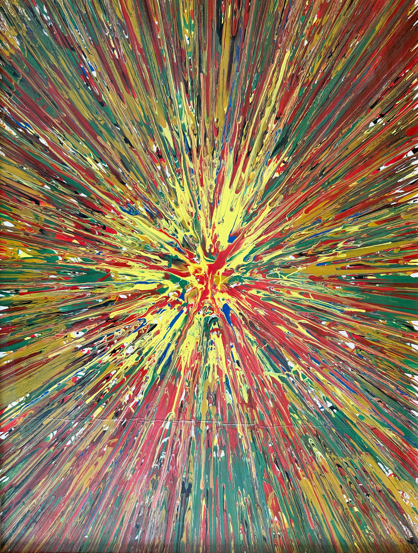 Explosion of Color: An explosion of color in yellow, red, and green, radiating outward from the center; inscribed “Painitz 00” on the reverse, oil on paper (mounted on wood), signs of age, 66 x 49.5 cm