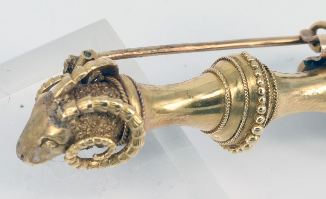 Brooch, 585 gold, 16.8 g. With ram's heads - 3