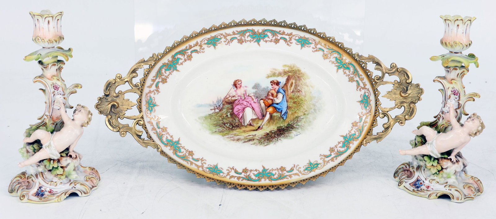 Large porcelain set: oval dish with brass mount, - 12
