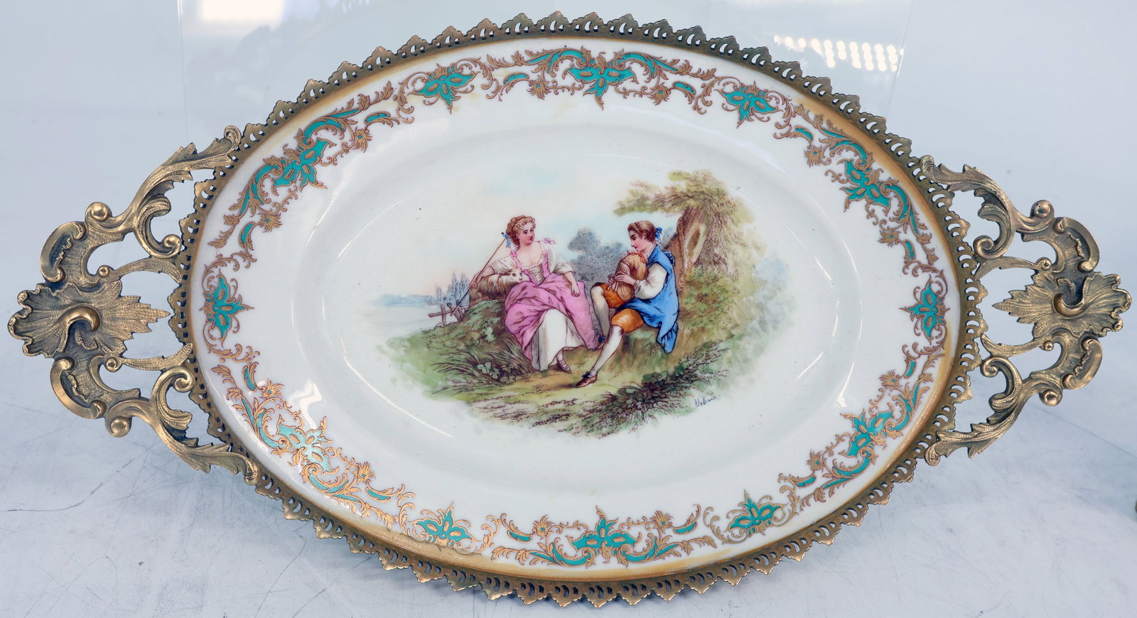 Large porcelain set: oval dish with brass mount, - 9
