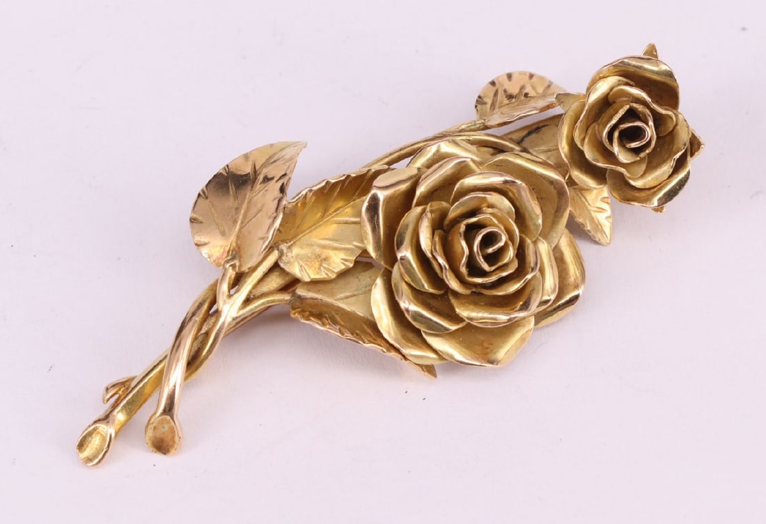 Brooch, 585 gold, 11.97 g. Designed as a rose branch - 3