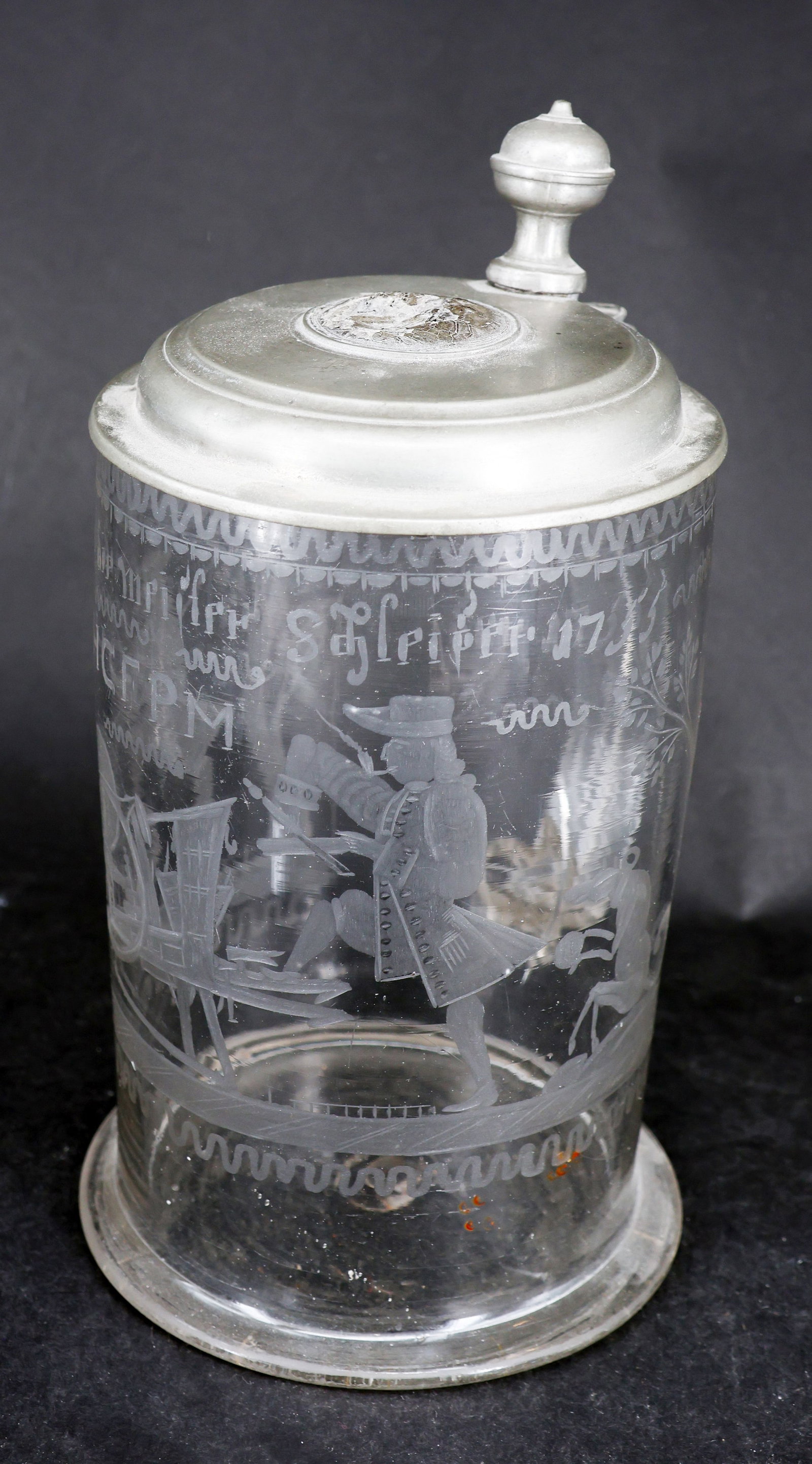 Glass jug, dated 1755, with a figurative scene - 6