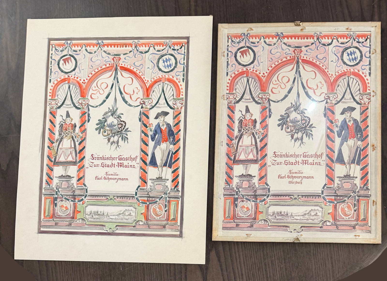 Wolfgang Lenz, original hand-painted menu: Wolfgang Lenz, original hand-painted menu, used as a model for printing menus for the Franconian inn “Zur Stadt Mainz,” Karl Schwarzmann family, watercolor / mixed media, image size 43 x