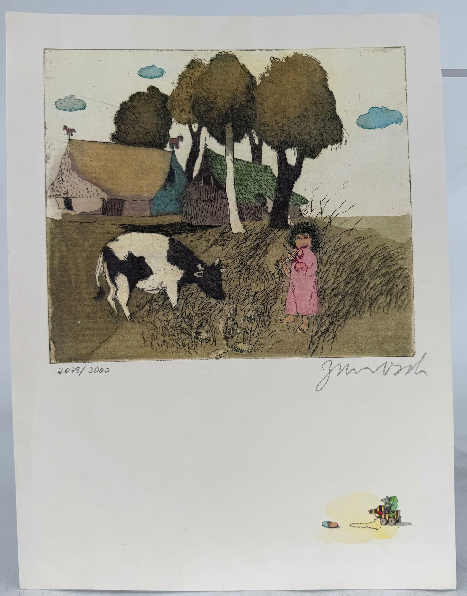 Janosch, Girl with Fiddle and Cow, color offset print: Janosch (Horst Eckert, born 1931 in Hindenburg – lives in Tenerife), color offset print, 17.5 x 20.5 cm, “Girl with Fiddle and Cow,” hand-signed, edition 2079/3000, minimal signs of