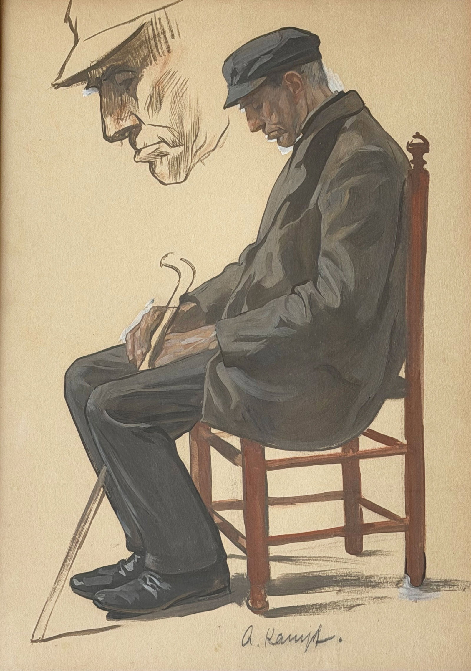 Arthur KAMPF (1864–1950), Study of a Tired, Old Man: Arthur KAMPF (1864–1950), Study of a Tired, Old Man, signed, watercolor, image size 48 x 34 cm, framed 69 x 53 cm. The head is rendered in greater detail on the left and bears the marks of a