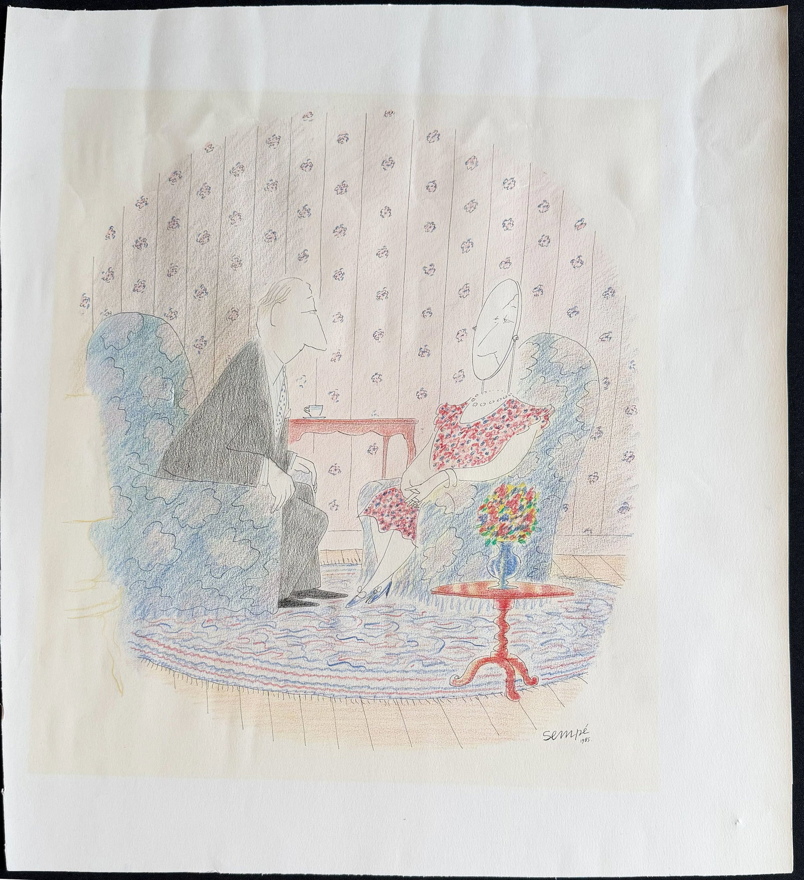 Jean Jacques SEMPÉ (1932-2022), Couple: Jean Jacques SEMPÉ (1932-2022), Couple in the Living Room, humorous portrayal, as he is reflecting himself in her face, signed and dated 1985, pen and colored pencil, slightly browned in the