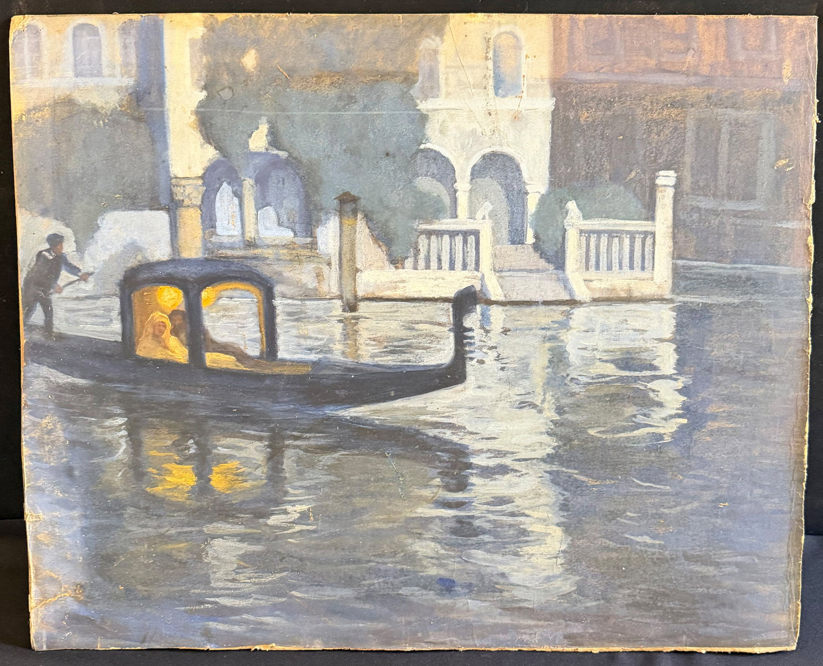 Gondola in Venice: Unknown artist. Gondola in Venice at dusk. The gondolier rows a couple in the illuminated cabin past Venetian architecture. Paper on cardboard, 48 x 59 cm Unbekannter Künstler. Gondel in Venedig