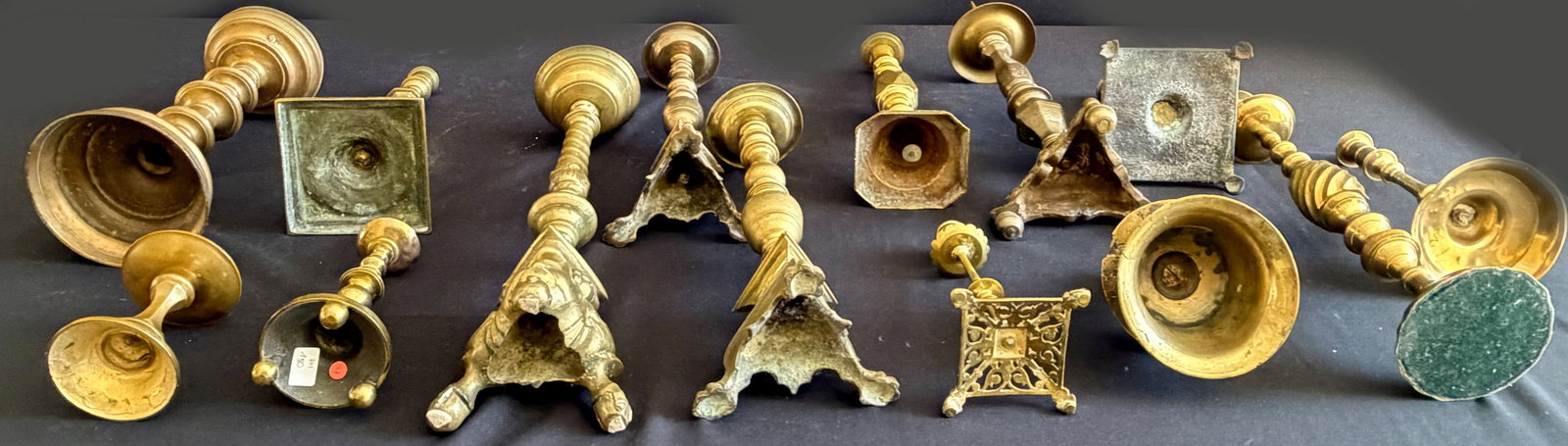 14 pairs of candlesticks, brass, etc., collection - 10