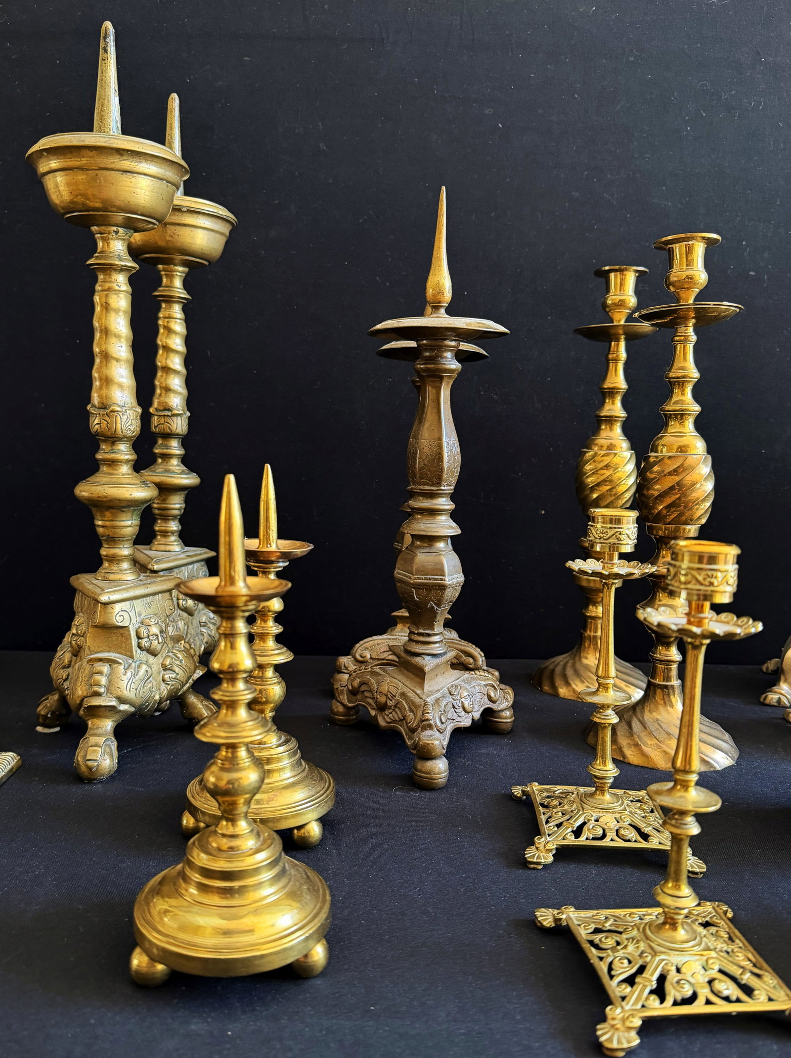 14 pairs of candlesticks, brass, etc., collection - 4