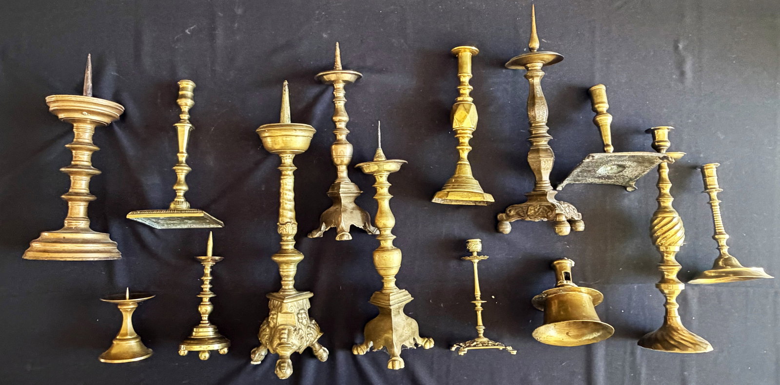 14 pairs of candlesticks, brass, etc., collection - 7