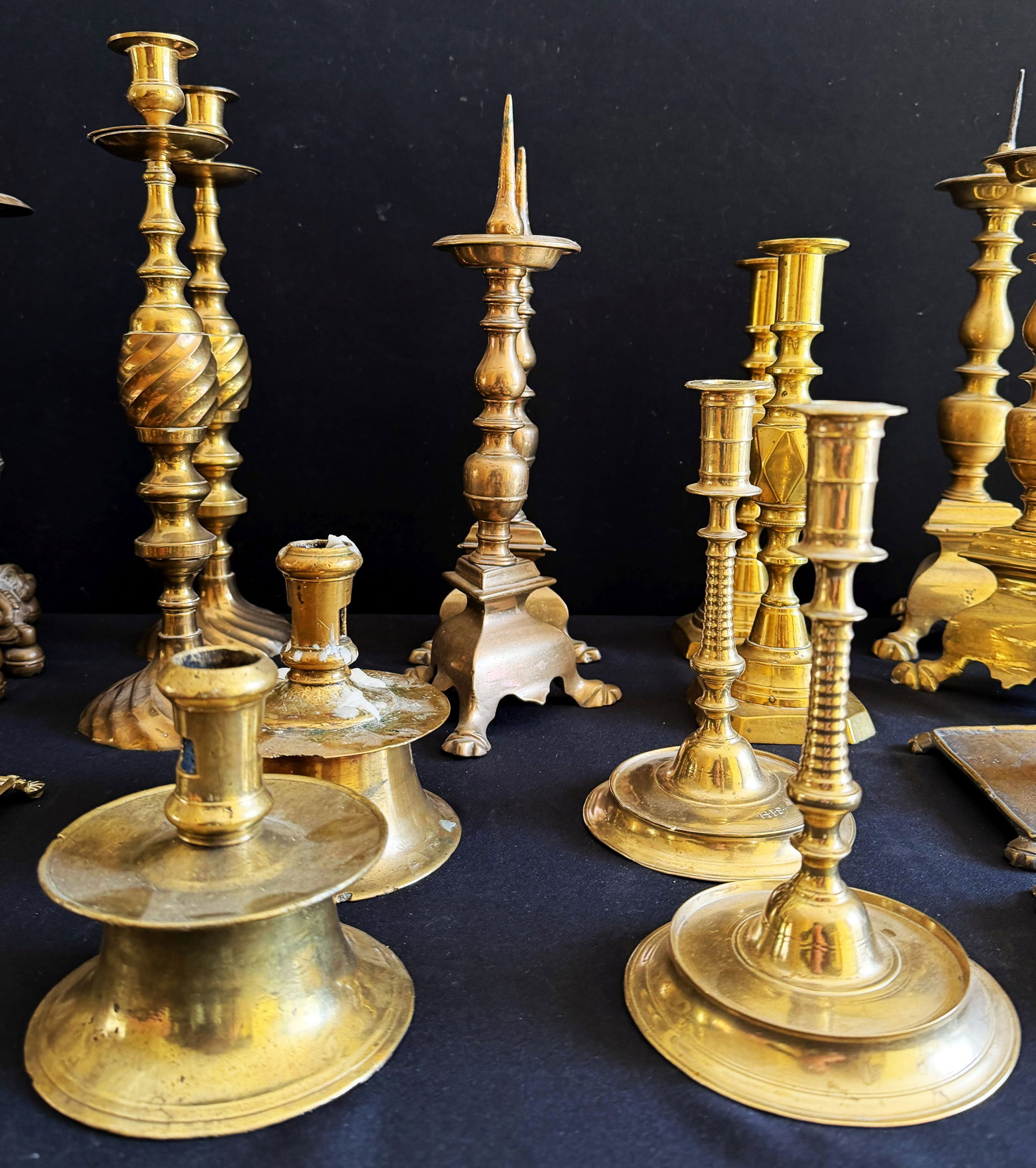 14 pairs of candlesticks, brass, etc., collection - 8