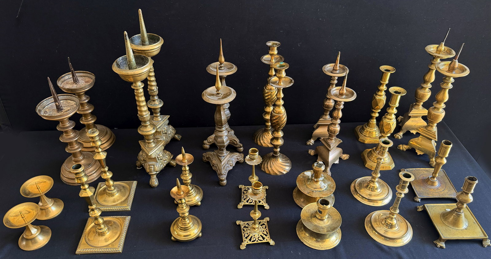 14 pairs of candlesticks, brass, etc., collection - 9