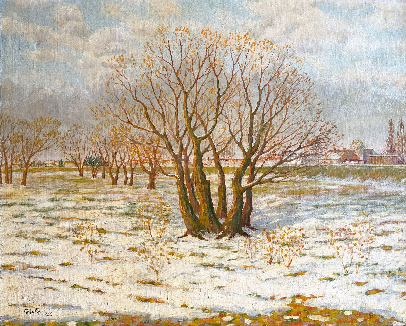 Hungarian artist Grecko: Hungarian artist Grecko, Winter Landscape with Tree and Vast Field, signed, oil on canvas, 98 x 123 cm (framed 119 x 143 cm) Ungarischer Künstler Greckö, Winterlandschaft mit Baum und