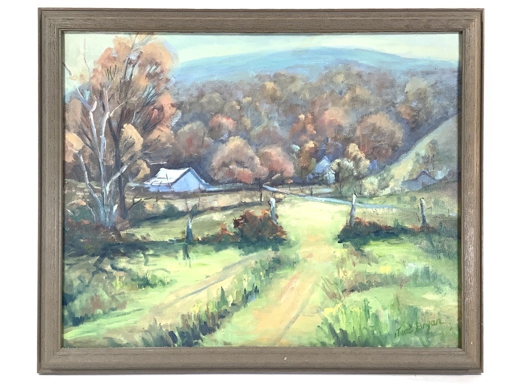 June Bryan Brown County Guild Oil on Board: Bryan, June (American 1931-2012). Oil on canvas board signed lower right, artist title and date 1990 verso, "On Anna's Place" (Br. Cty. IN E of Bean Blossom). 16" x 20" (Sight). 18 1/4" x 22 1/4" (Fra