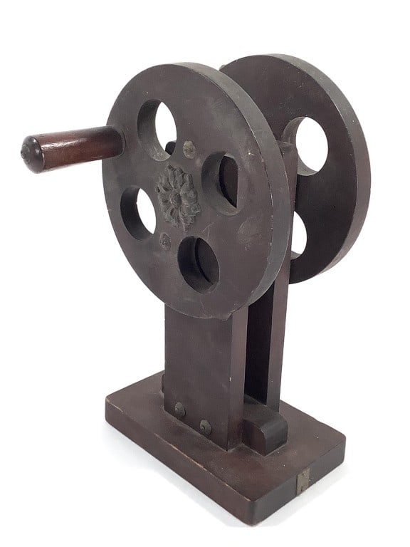 Charles Rolfes NY Wood Ratchet Clacker 1of2: Rare, Arts & Crafts wood ratchet clacker by Charles Rolfes, Buffalo, New York. 10 1/4"H. Stamped brass or bronze marker on base featuring a capital R Stamped copper plate on bottom with remnants of pa