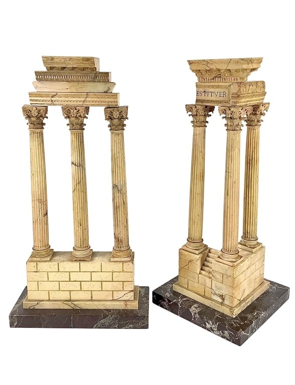 Italian Giallo Antico Marble Model Temple: Pair of 19th century Italian made models of the Castor & Pollux temples carved from Giallo Antico marble. These pieces are considered neoclassical art which would have been bought by traveling aristoc