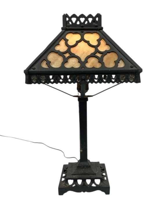 Aesthetic Revival Cast Iron & Slag Glass Lamp: 20 1/4"H, 11 1/4" x 11 1/4" at shade. Table lamp with attached overlay shade, caramel slag glass panels. EDS aims to describe and photograph all items thoroughly and accurately, however other conditio