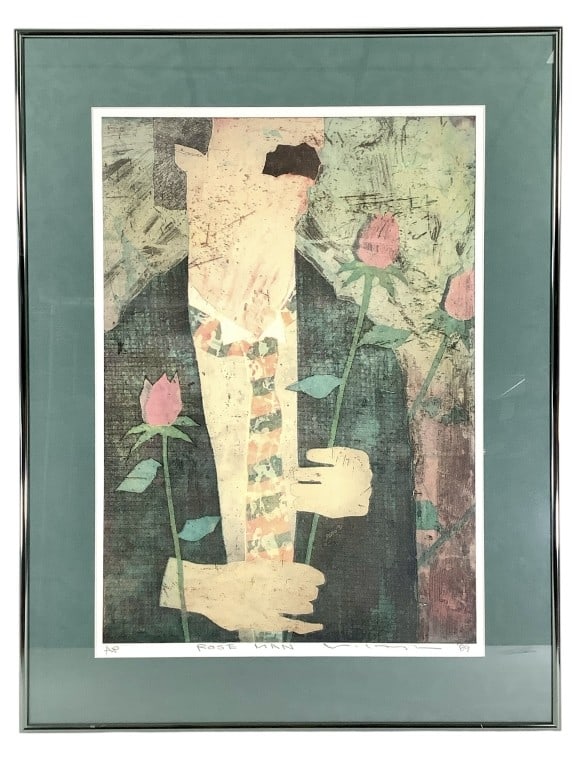 Yuji Hiratsuka Rose Man '89 Lithograph Signed: Hiratsuka, Yugi (Japan, 1954-current). 22 1/8" x 15 5/8" (Sight), 28 3/8" x 22" (Frame). AP ROSE MAN with signature '89, pencil lower border. See companion piece lot 506. Ready to hang, not examined o