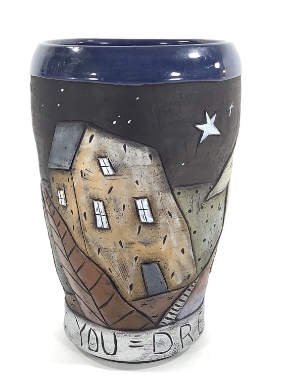 David Stabley Dreaming About You Pot: 6" Dia., 9 1/4"H pot, marked 'Dreaming About You' along base, marked 'David Stabley, 2002', comes with informational paper about the artist. EDS aims to describe and photograph all items thoroughly an