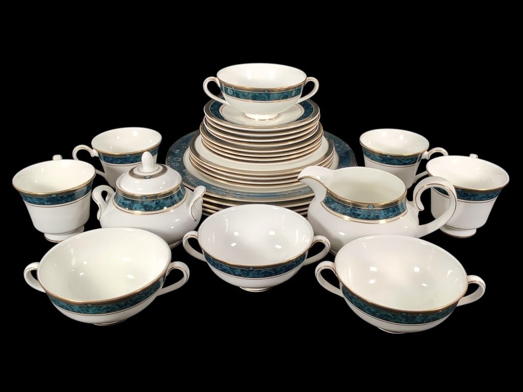 Royal Doulton Biltmore w GD Gilding China Set Of 4: Fine bone china set in green /blue design with gold gilding. Set of 4 bread, salad, and dinner plates, cups and saucers, soup cups, creamer (or gravy boat), sugar with lid, and a serving plate. EDS ai