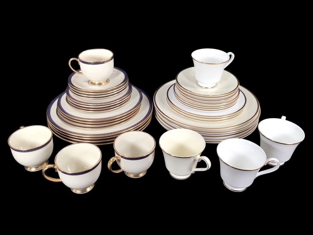 Royal Doulton Alice+ Lenox Hamilton w Gilt 40 Pcs: Royal Dalton Alice pattern No. H 5122: 3 cups and saucers, 3 bread plates and salad plates and 5 dinner plates. Royal Doulton Heather pattern: cup, saucer, and dinner plate. Lenox Hamilton: set of 4 d