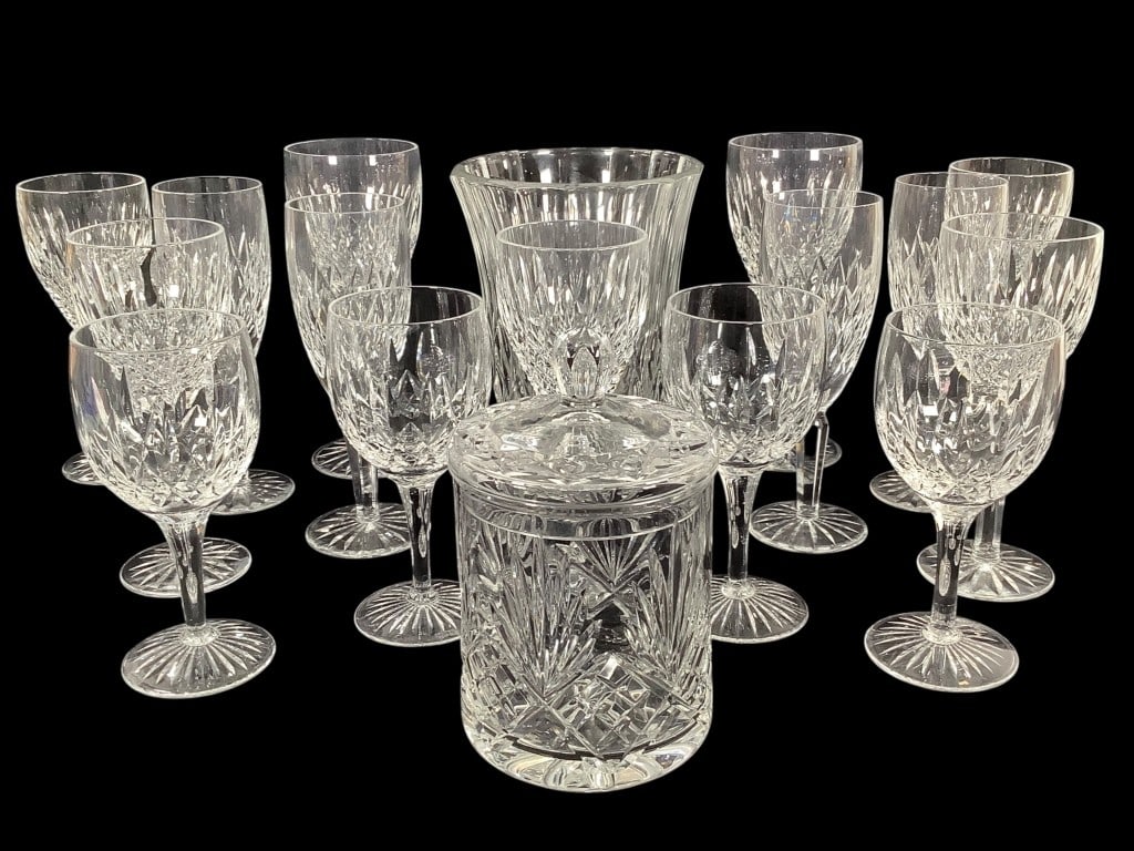 Waterford Crystal Cut Stemware Val St Lambert Vase: 17 pieces of cut crystal: a signed Val St Lambert crystal vase, candy jar with lid, set of 4 Waterford Merano iced tea glasses set of 2 wine goblet glasses, and 5 claret wine glasses in the Waterford