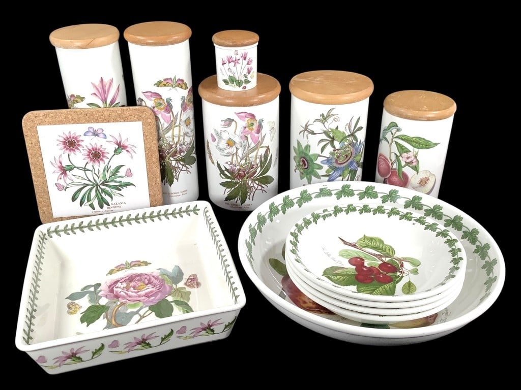 Portmeirion Botanical Canisters Bowls Trivet+: Set of 6 ceramic canisters with wood lids, 4 soup bowls, 1 large serving bowl, square casserole dish, and a trivet mounted into cork. Taller canisters are 11 1/4"H without lids. Serving bowl, 13"Dia.