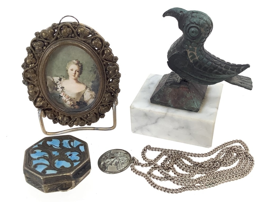 Bronze Bird Miniature Cloisonne Pill Box Sterling: Author Bronze bird statue on a marble base, 3"H. After M.H. Young memorial museum piece, reproduction by Alva Museum Replicas. Cloisonne pill box with beautiful etched design, miniature brass picture