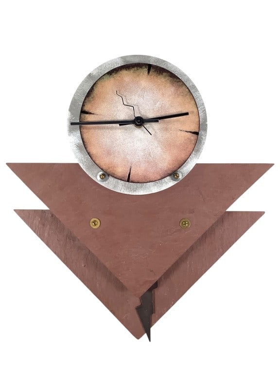 Signed Artisan Crafted Stone & Metal Wall Clock: 11 1/2"W x 12 1/2"H wall clock with red slate accents, artist signed on the back with 'I-95, CL48' as well. EDS aims to describe and photograph all items thoroughly and accurately, however other condi