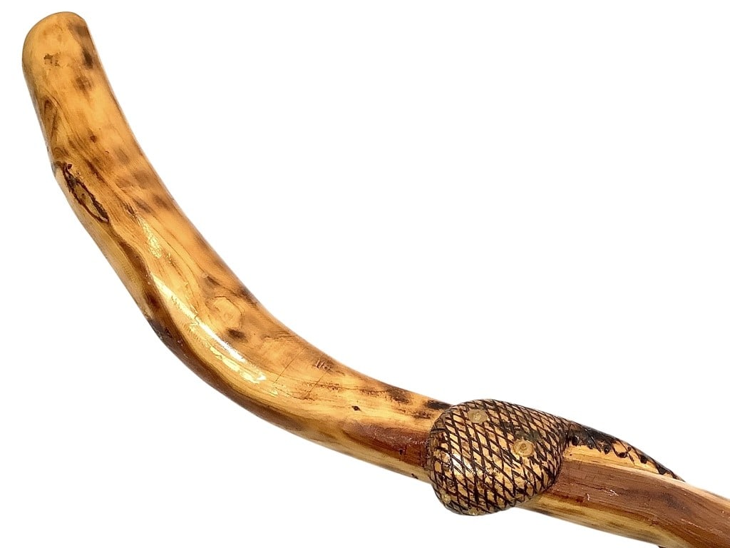 Snake Carved Wood Cane: 36"H wood cane with a carved snake ascending, marked '2-17-89, David Allen'. EDS aims to describe and photograph all items thoroughly and accurately, however other conditions present may not have been