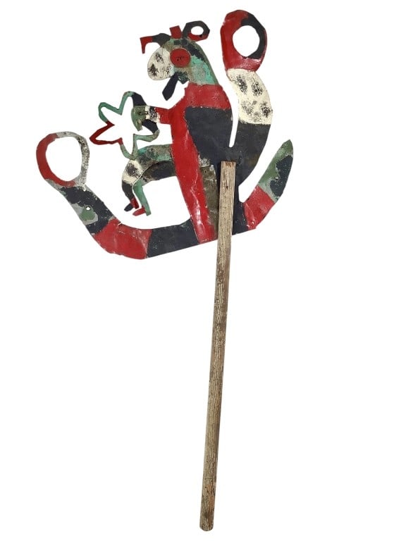 David Butler Painted Cut Tin Sculpture: 16"L x 32"H hand painted cut tin on a wooden holder, assumed to be the work of American artist David Butler, unmarked. EDS aims to describe and photograph all items thoroughly and accurately, however