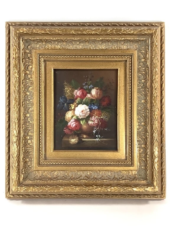 Floral Still Life Oil on Panel: 10" x 7 3/4" (Panel). 20" x 18" (Frame). Signature not visible if present, not removed from frame. Contemporary formalist painting, fine and delicate brushwork in an old master / continental style. De