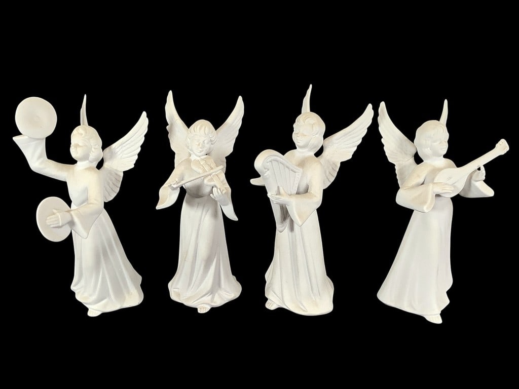 Crown Dresden Bisque Porcelain 4 Angel Musicians: 5 1/2"H. Stamp on unglazed bottom with incised number and initials. EDS aims to describe and photograph all items thoroughly and accurately, however other conditions present may not have been observed