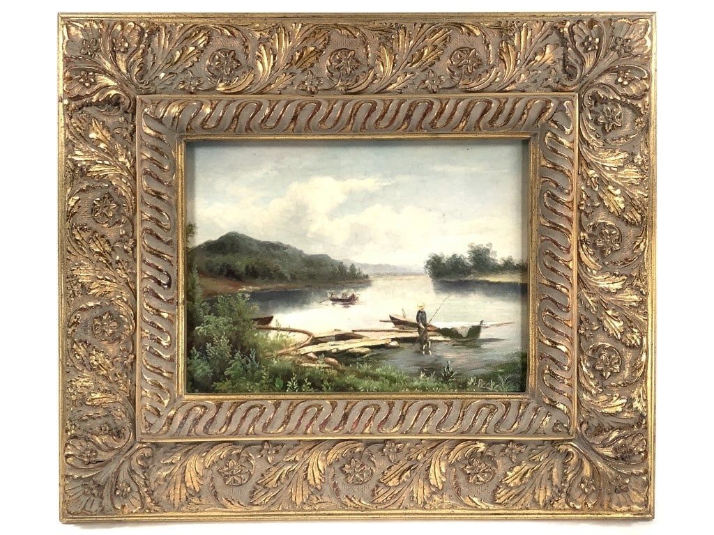 M. Picot Original Oil on Linen Landscape Painting: Picot, Madelyn / Madeline (France b. 1957). 12" x 16" (Canvas). 23" x 27" (Frame). Impressionist landscape of lake and hills with people fishing. Varnish and craquelure surface. Bio printed on paper i